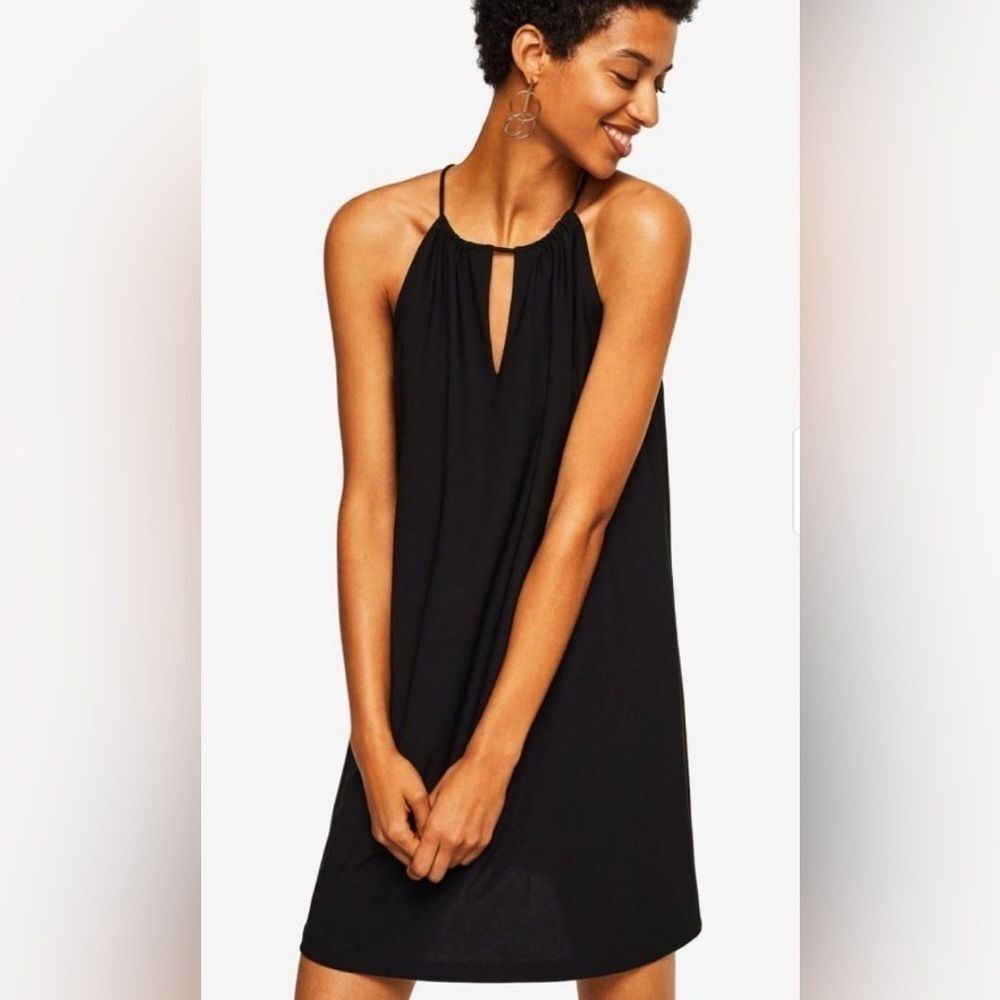 Mango Interlock Halter Neck Keyhole Cutout Carbon Black Swing Mini Dress Size S
